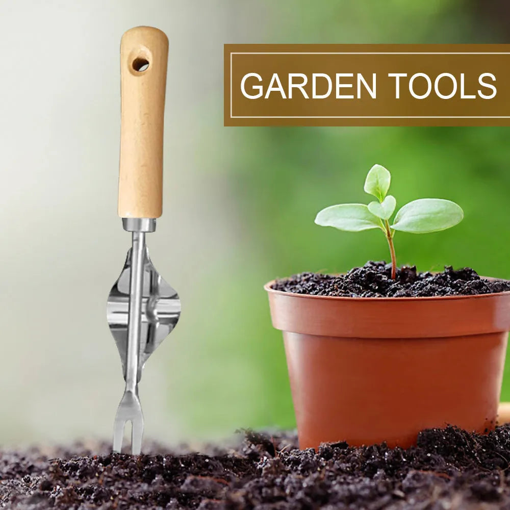 Manual garden weeder set with telescopic metal rod, gap weeder head, and sickle weeder for chemical-free weed removal