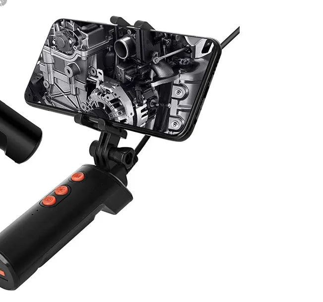Black dual camera endoscope with IP68 waterproof lens, 9 adjustable LEDs, and 1960x1080 resolution for pipeline inspection.