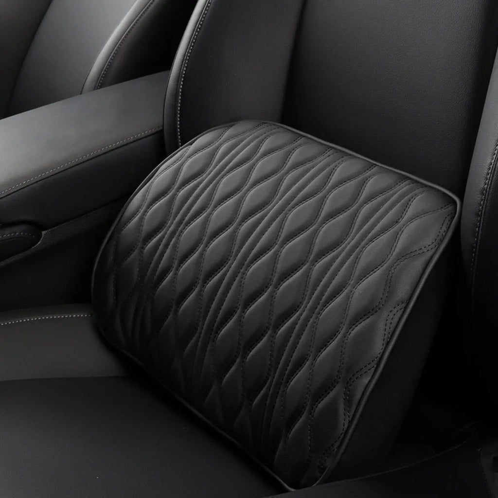 Car headrest and lumbar support set in black or brown with embroidered memory foam, headrest 28x10cm and waist 38x25cm.