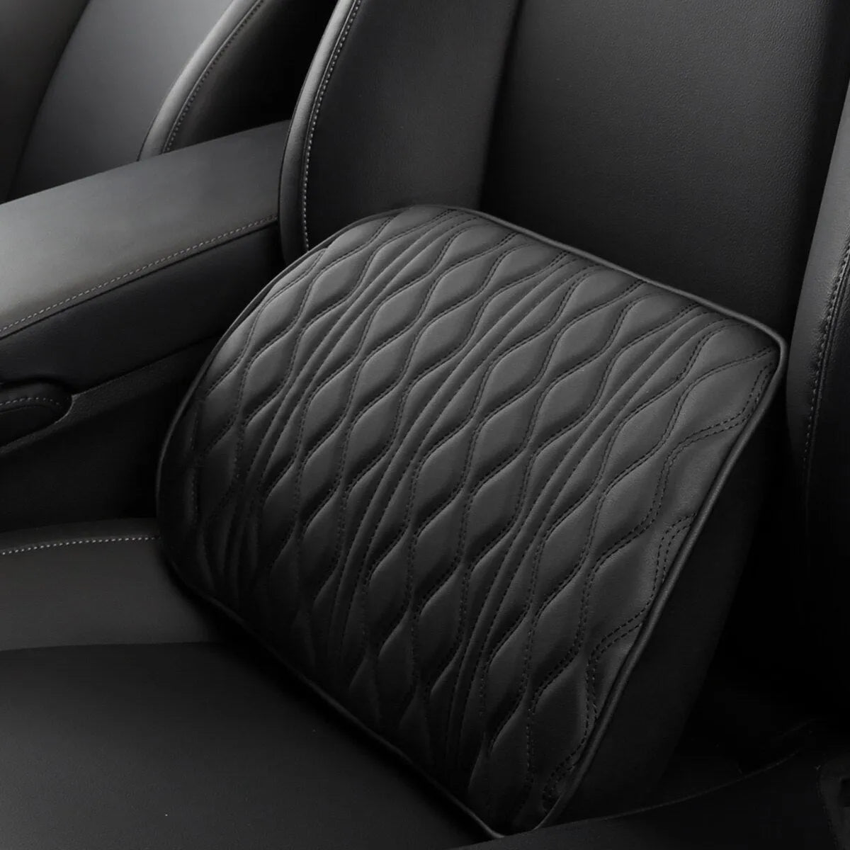 Car headrest and lumbar support set in black or brown with embroidered memory foam, headrest 28x10cm and waist 38x25cm.