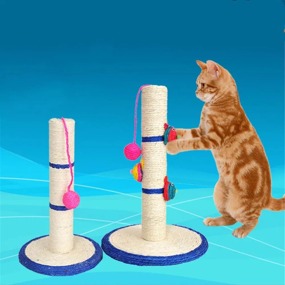 Blue sisal cat scratching post with round base and tall cylinder on a wooden floor