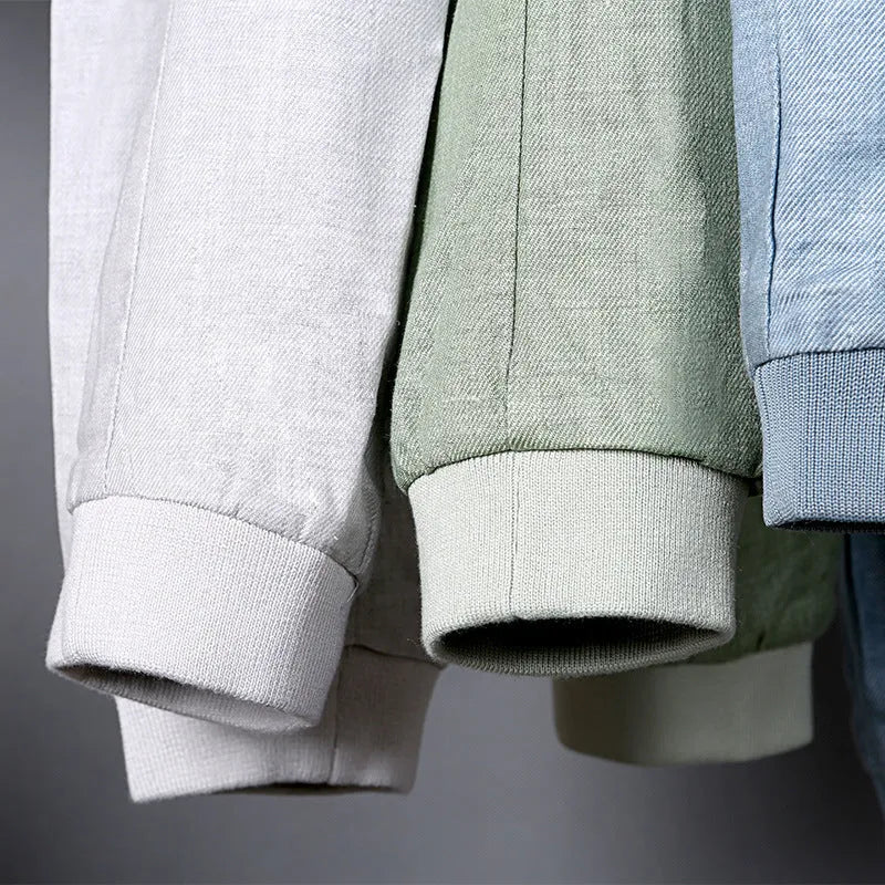 Men's thin linen jacket in cotton fabric showing regular fit with heather grey, grass green and blue colour options