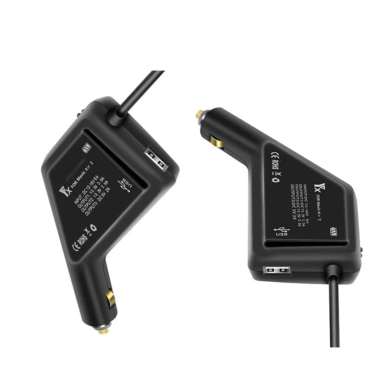 DJI Mini 2 dual electric car charger in metal black with two battery ports and USB output