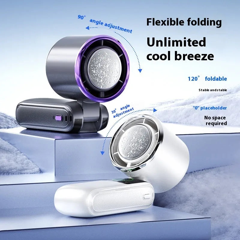 Blue folding neck fan with USB port and adjustable speed buttons, shown both worn and handheld