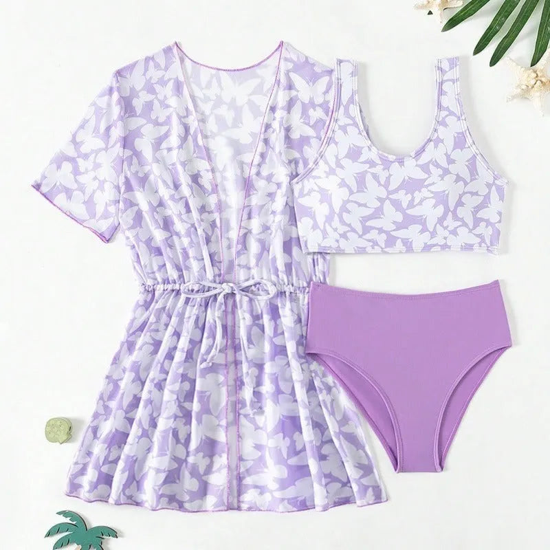 Three piece girls swimsuit cover-up set comprising coat, vest and pants in colour 3218