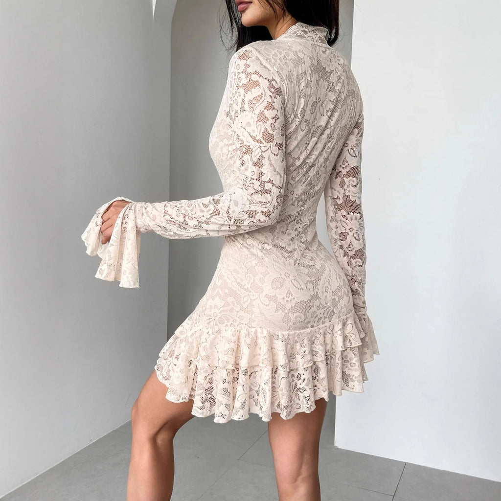 Apricot lace V-neck double-layer ruffled slim-fit mermaid dress with floral pattern and flared sleeves