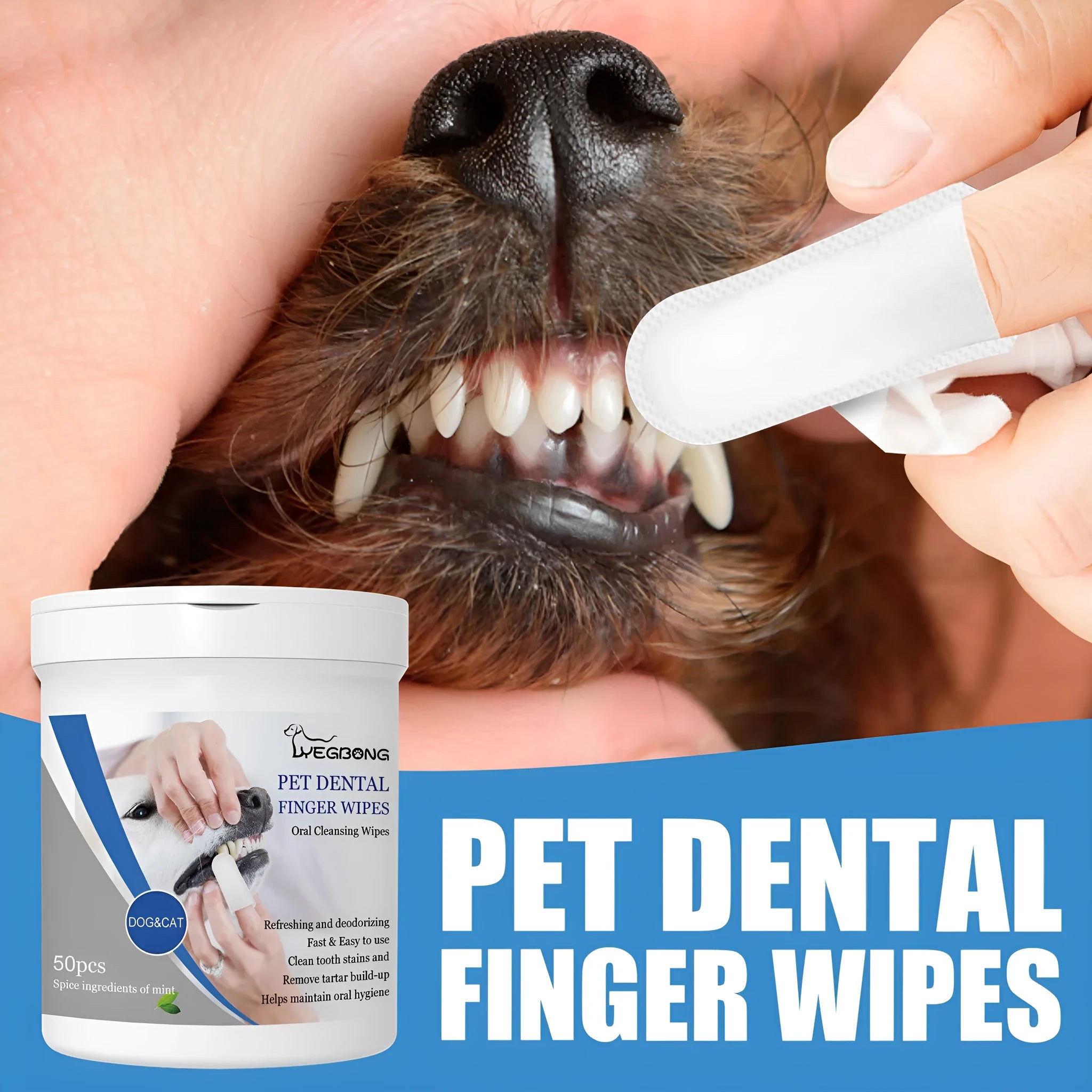 Canister of 50 dog teeth cleaning finger wipes with a reusable finger stall applicator for oral care.