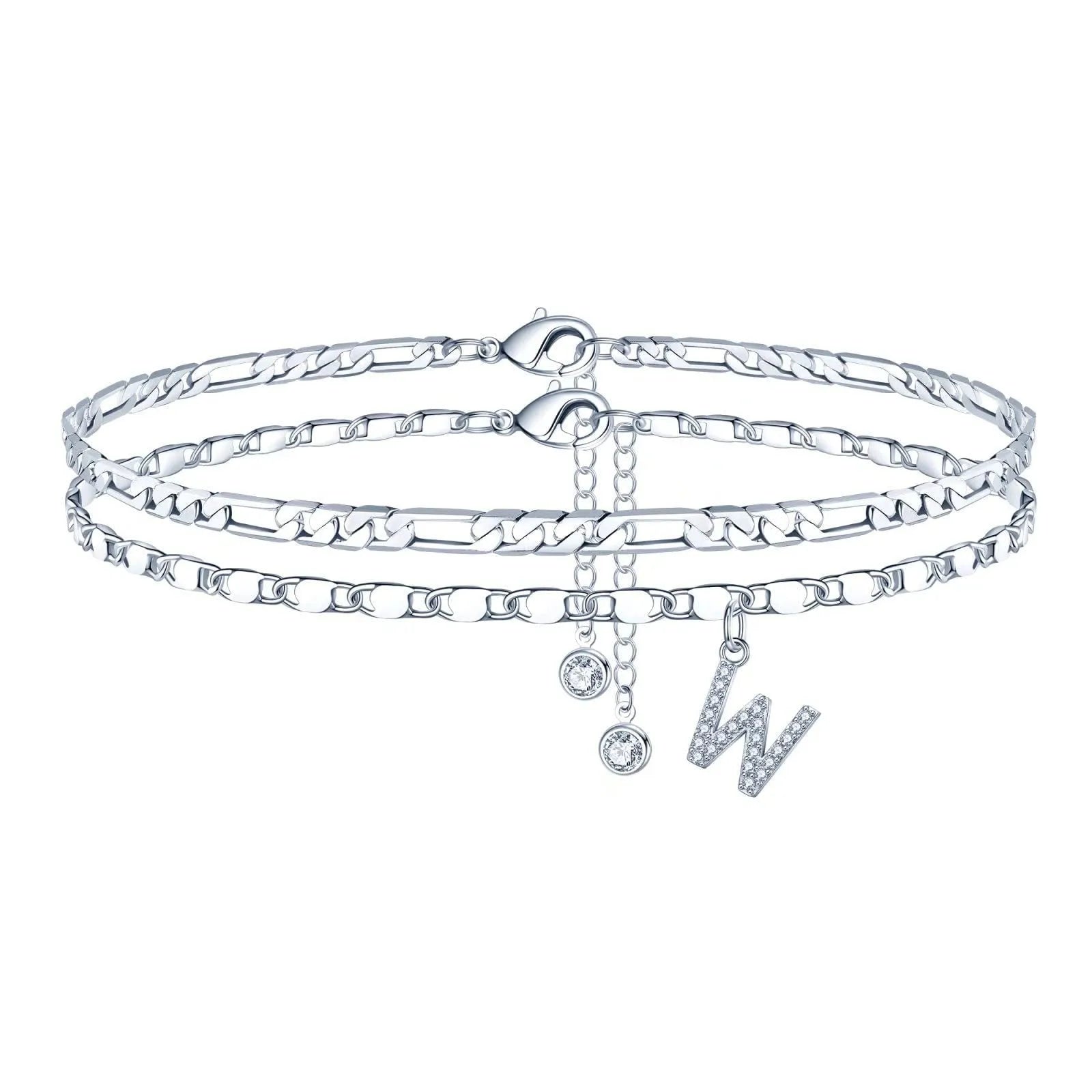 Silver-coloured double-circle bead copper anklet showing alphabet letter modelling on ankle.