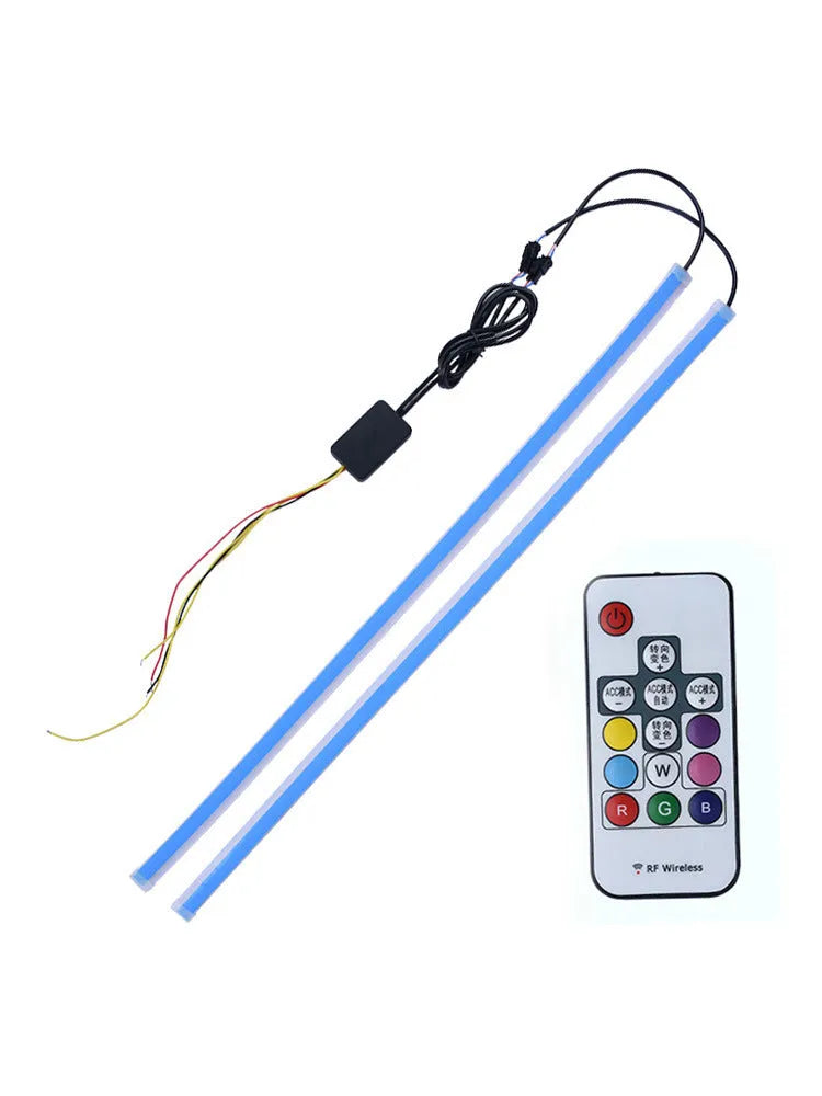Remote control and flexible RGB LED daytime running light strip for cars in 30cm, 45cm, and 60cm sizes.