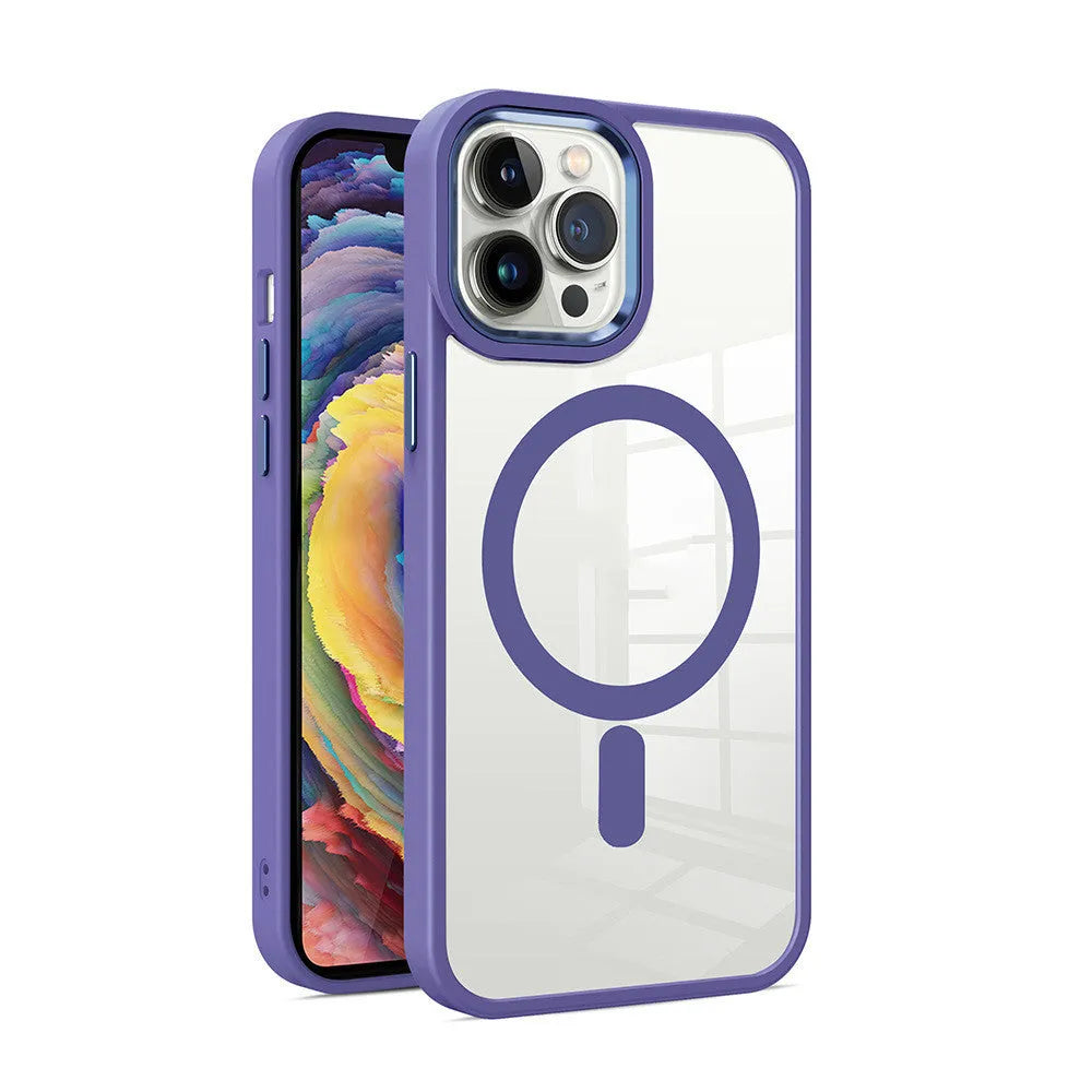 Slim magnetic transparent silicone phone case in plum red colour on an iPhone, showing raised edge for screen protection.