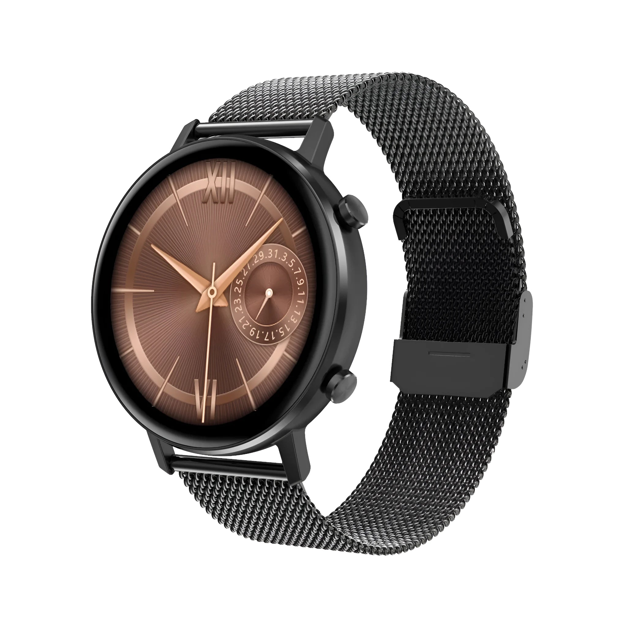 DT96 smart bracelet with 1.3-inch colour screen on a stainless steel strap, showing black, rose gold, and silver colour options.