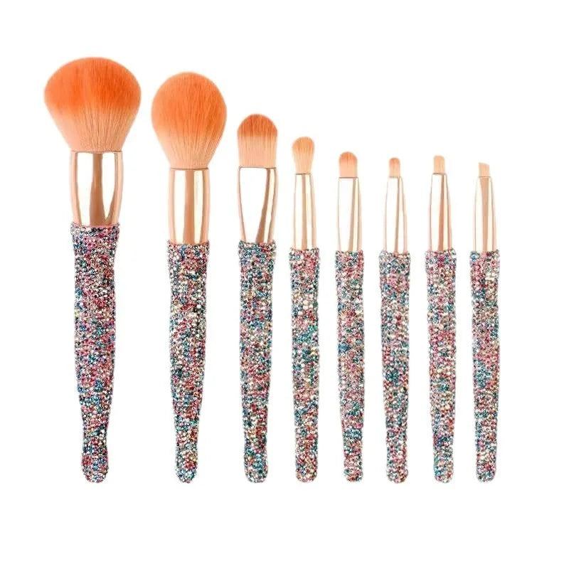 Light luxury diamond-embedded makeup brush set with 8 brushes and storage bucket in white and pink