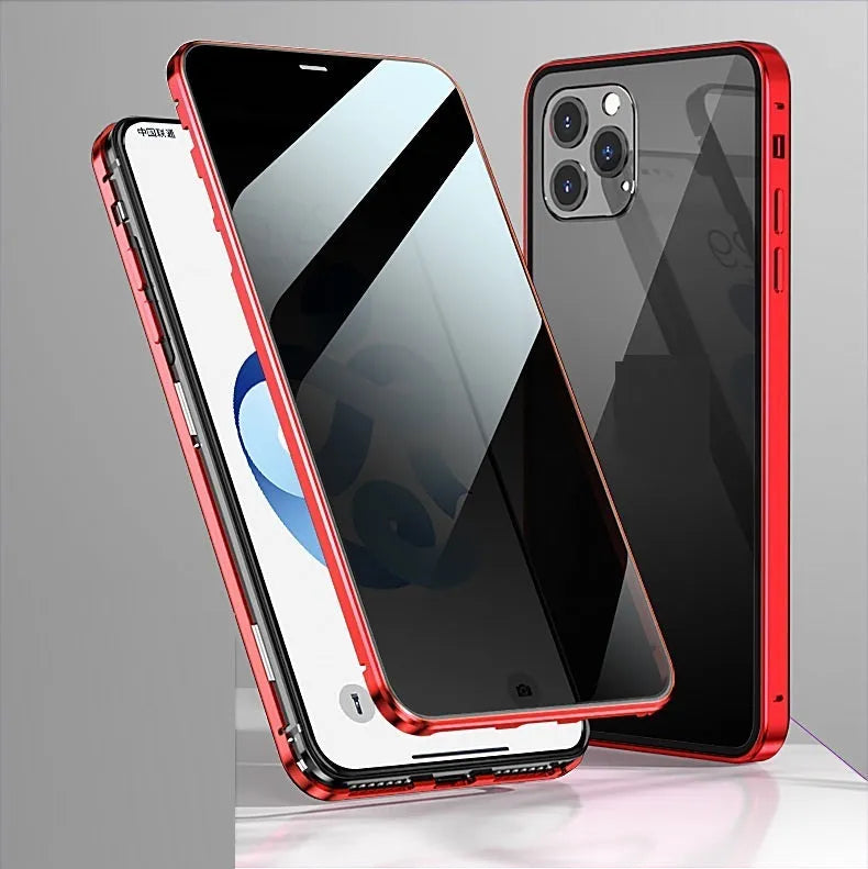 iPhone magnetic privacy case with double-sided tempered glass anti-spying screen protector in clamshell design