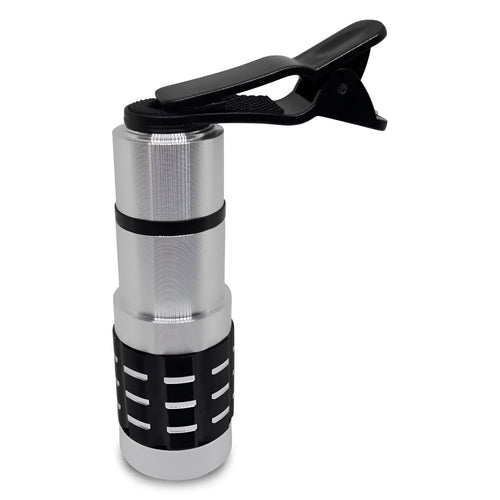 12x telescopic zoom lens with universal collar clip attached to a mobile phone for long-distance photography.