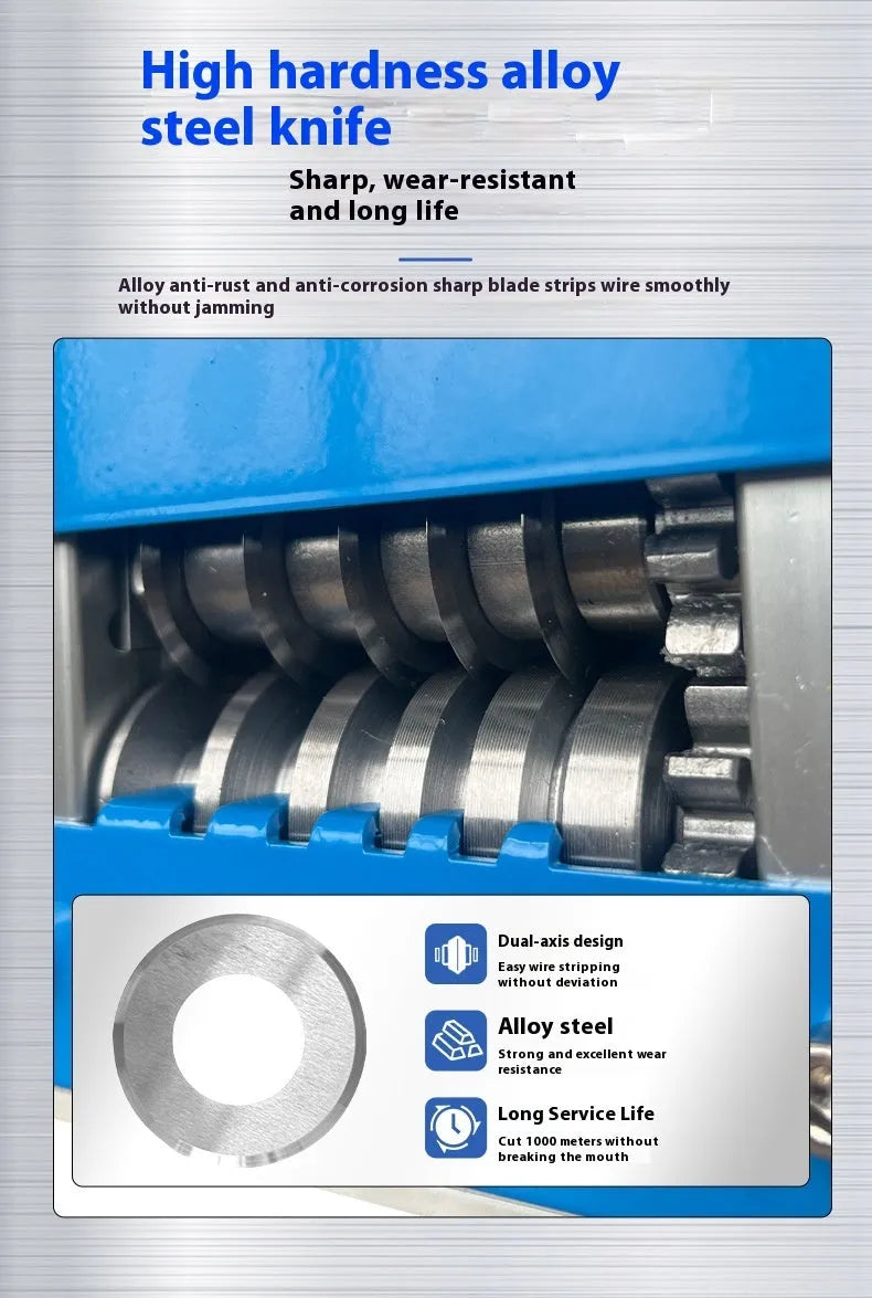 SD-017 manual wire stripping machine on a workbench, showing adjustable blades for 0.5-17mm wires.