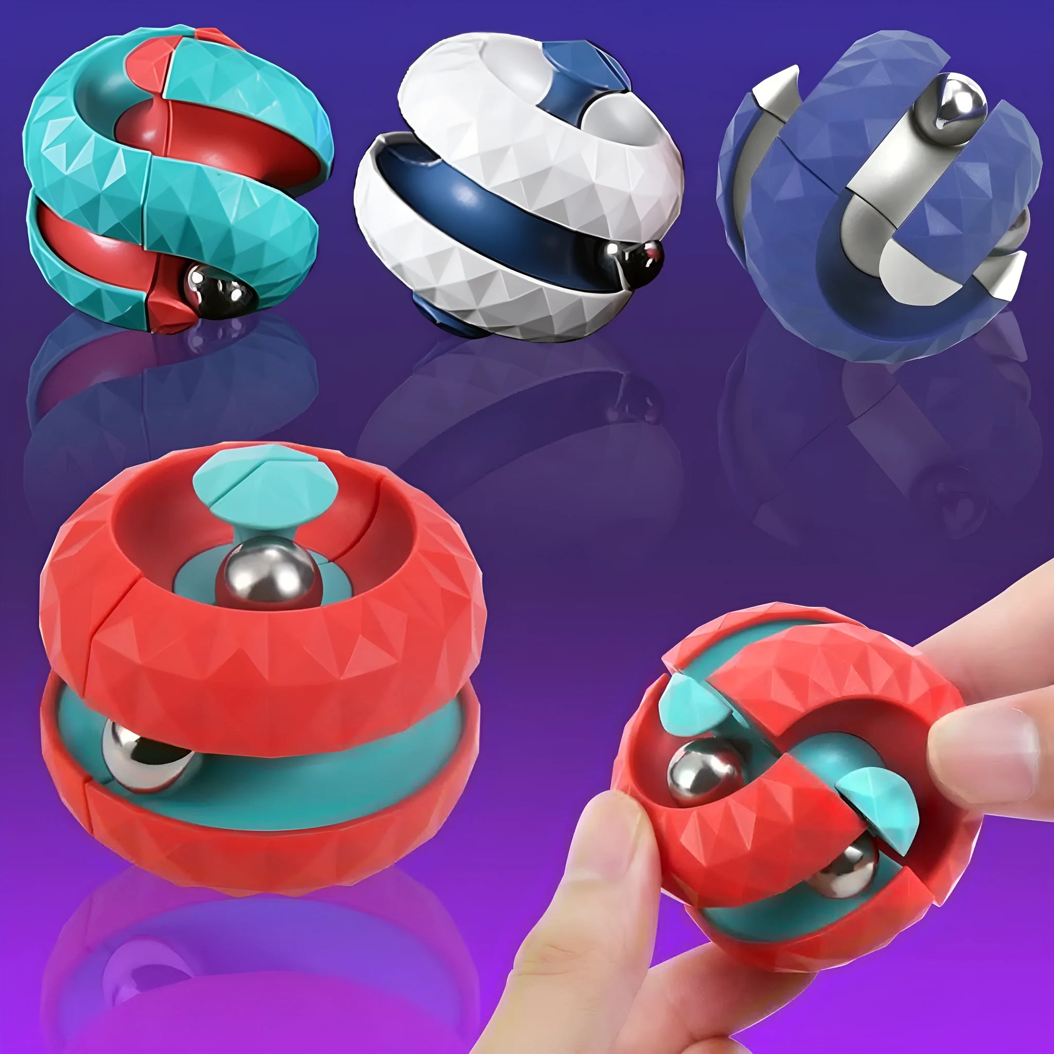 Diamond pattern ball track gyro fidget toy in blue ABS plastic – handheld stress relief toy for kids