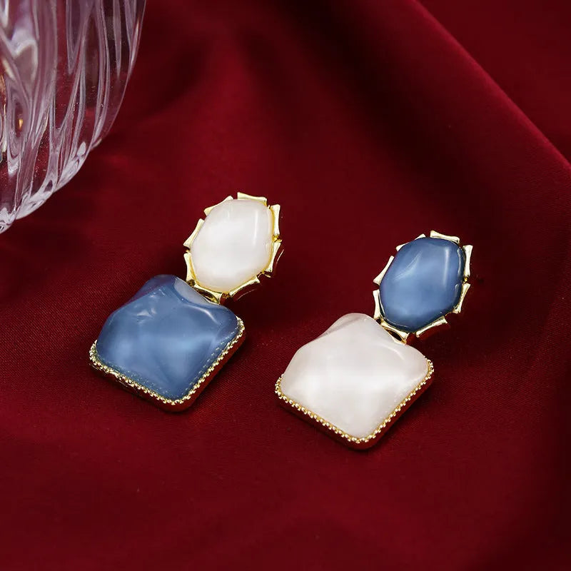 Geometric square earrings with water ripple contrast colour design in electroplated alloy, Korean style, for women