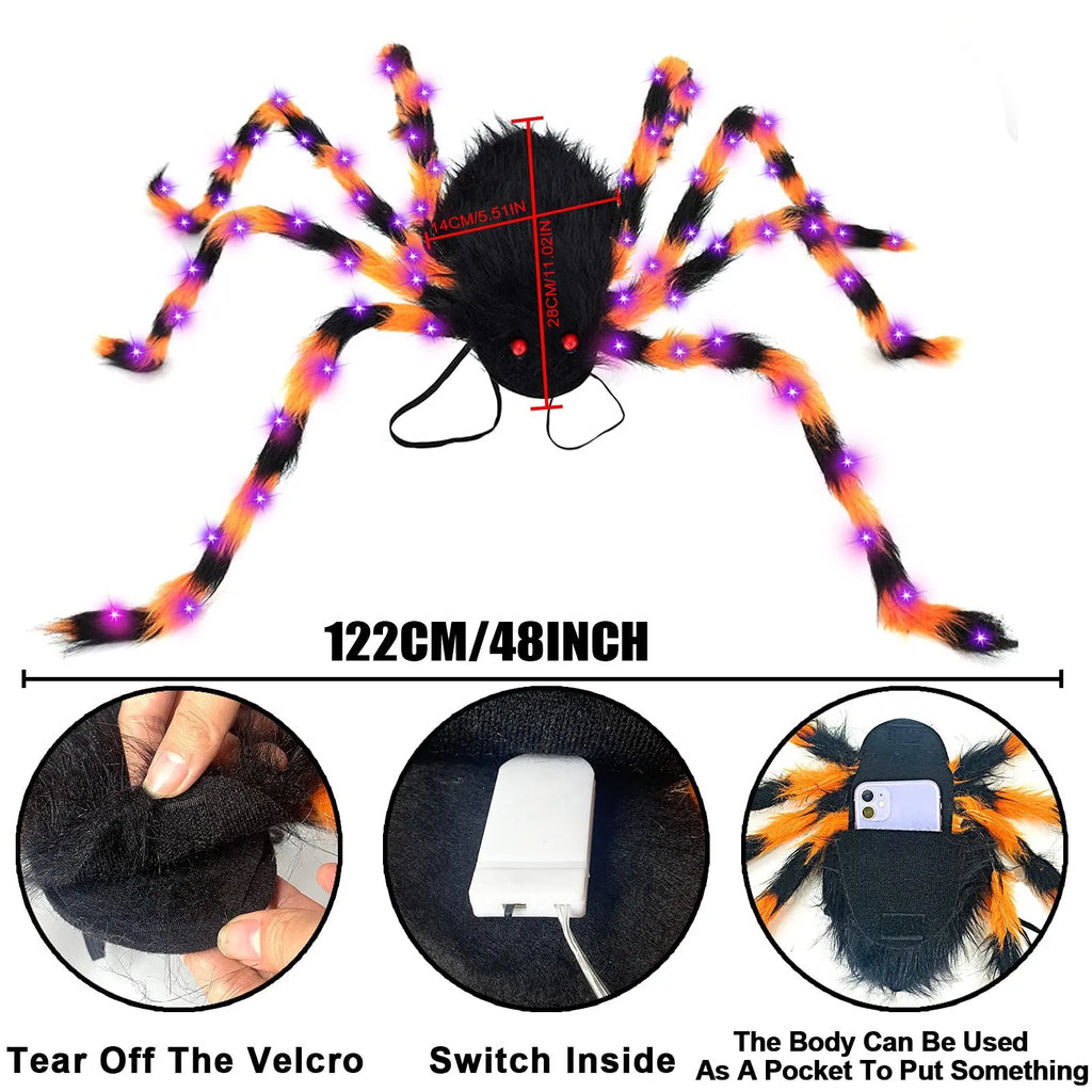 Orange purple light Halloween spider backpack with LED lights on plush fabric.
