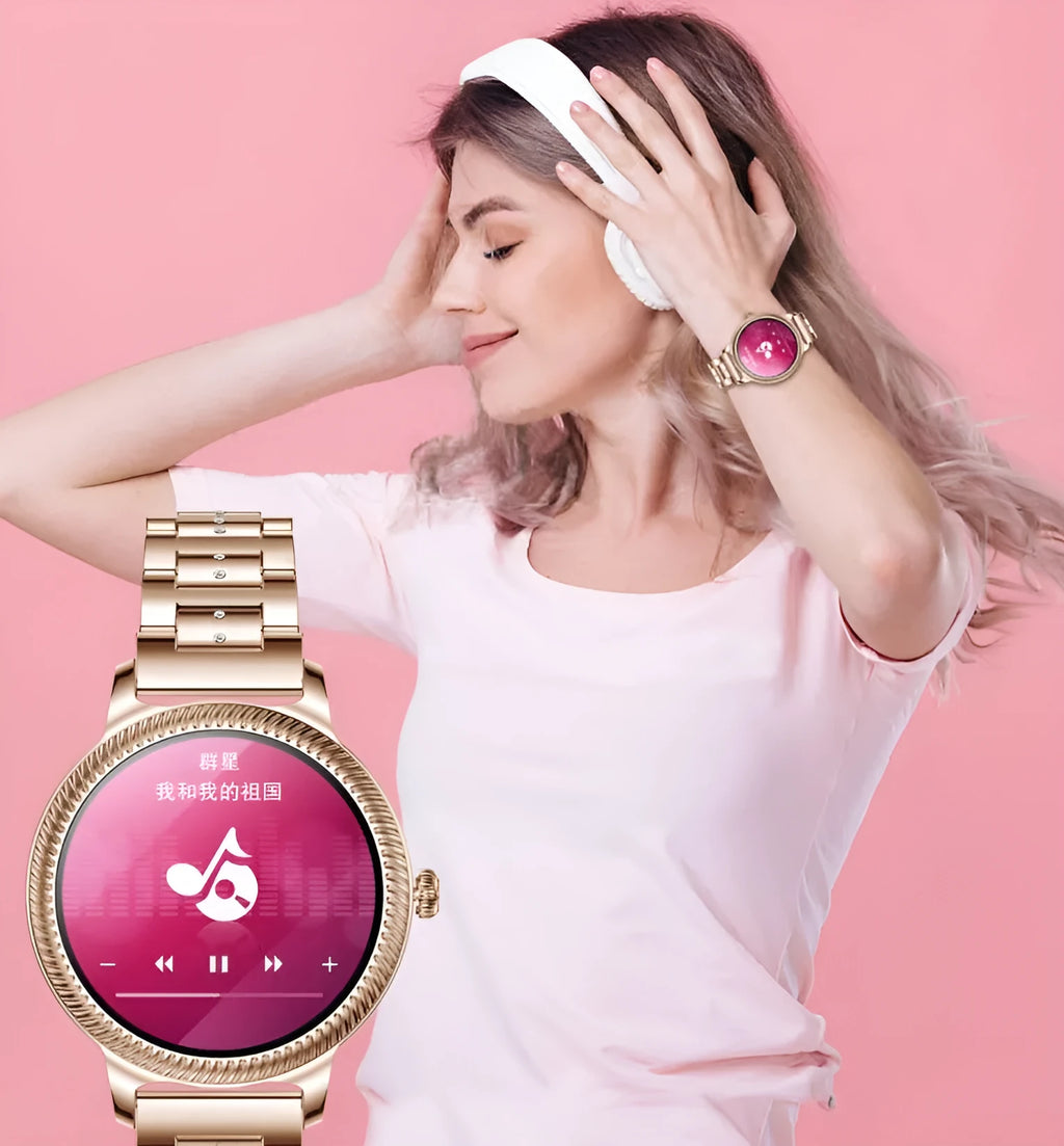 AK38 ladies smartwatch with stainless steel band on a wrist, showing its colour screen display.
