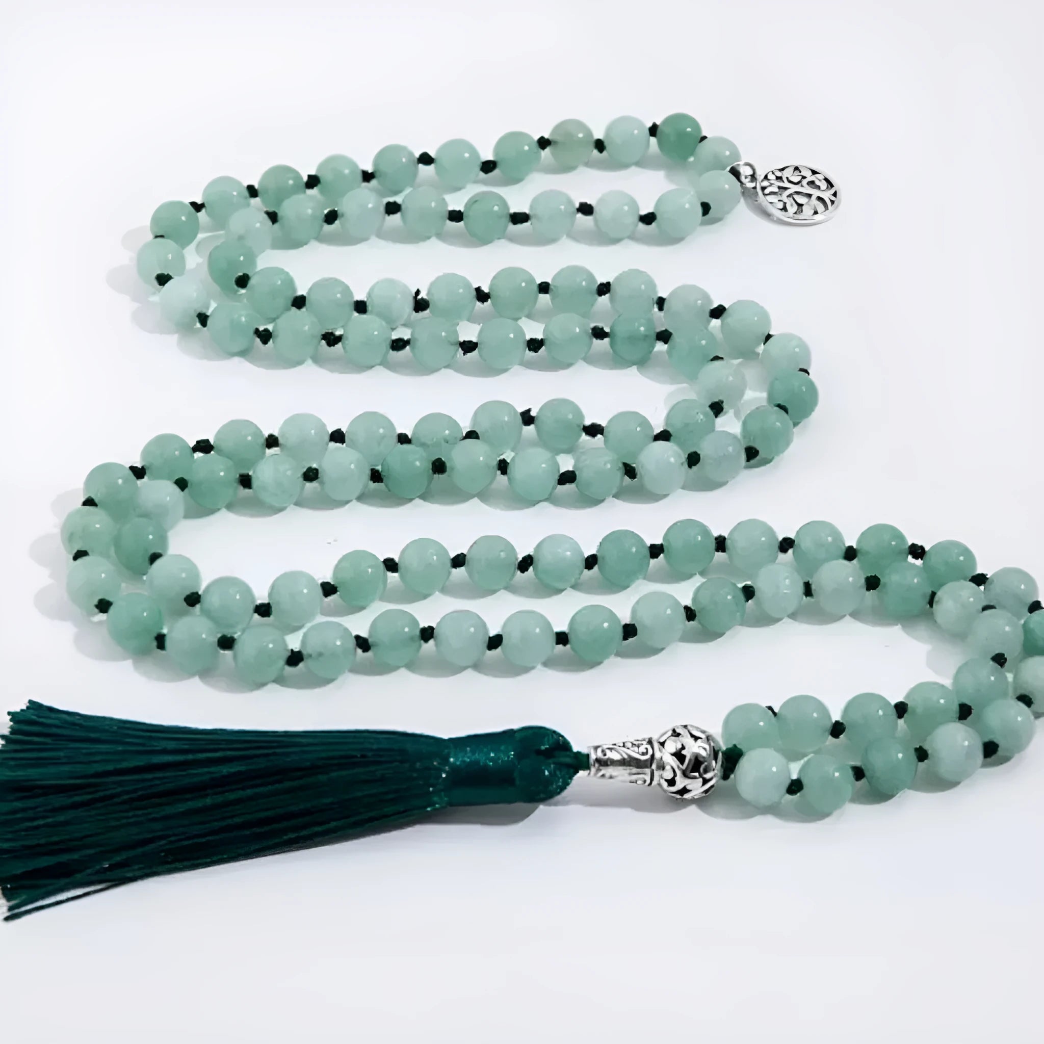Handmade natural stone beaded necklace with 108 8mm beads showing geometric shape and 81cm length