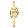 Women's gold and silver oval retro quartz watch with spiral patterns on a 8mm thick case.