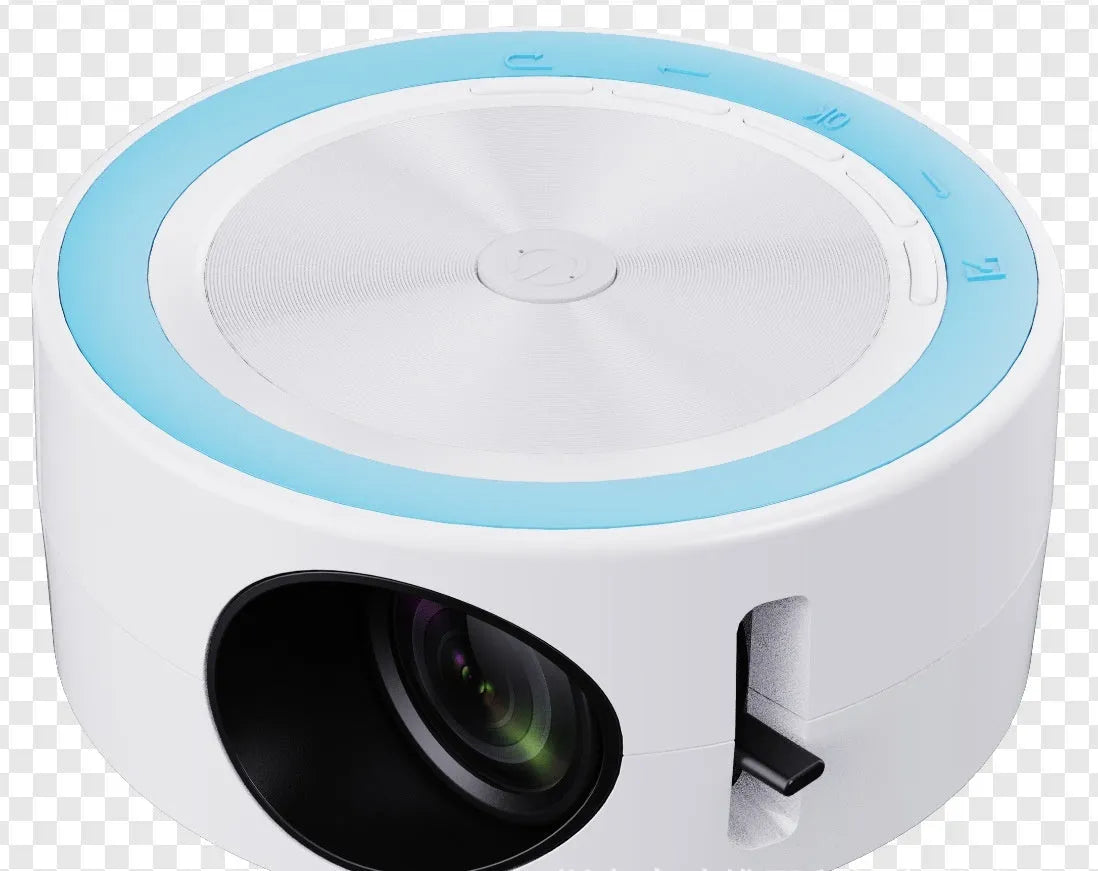 YT200 portable LED projector in black, white, yellow and white, or blue and white colours showing compact 110mm design