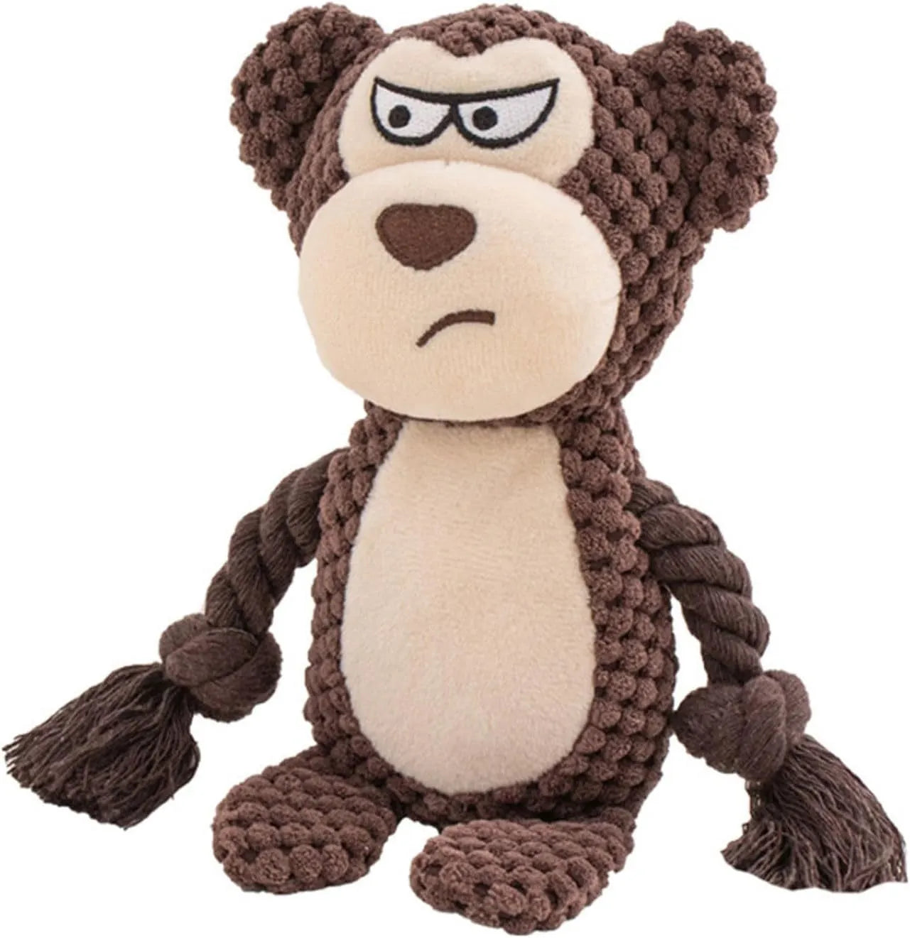 Plush dog toy with a cotton rope tail, shown in Elephant, Fox, Monkey, Pig, and Rabbit designs.
