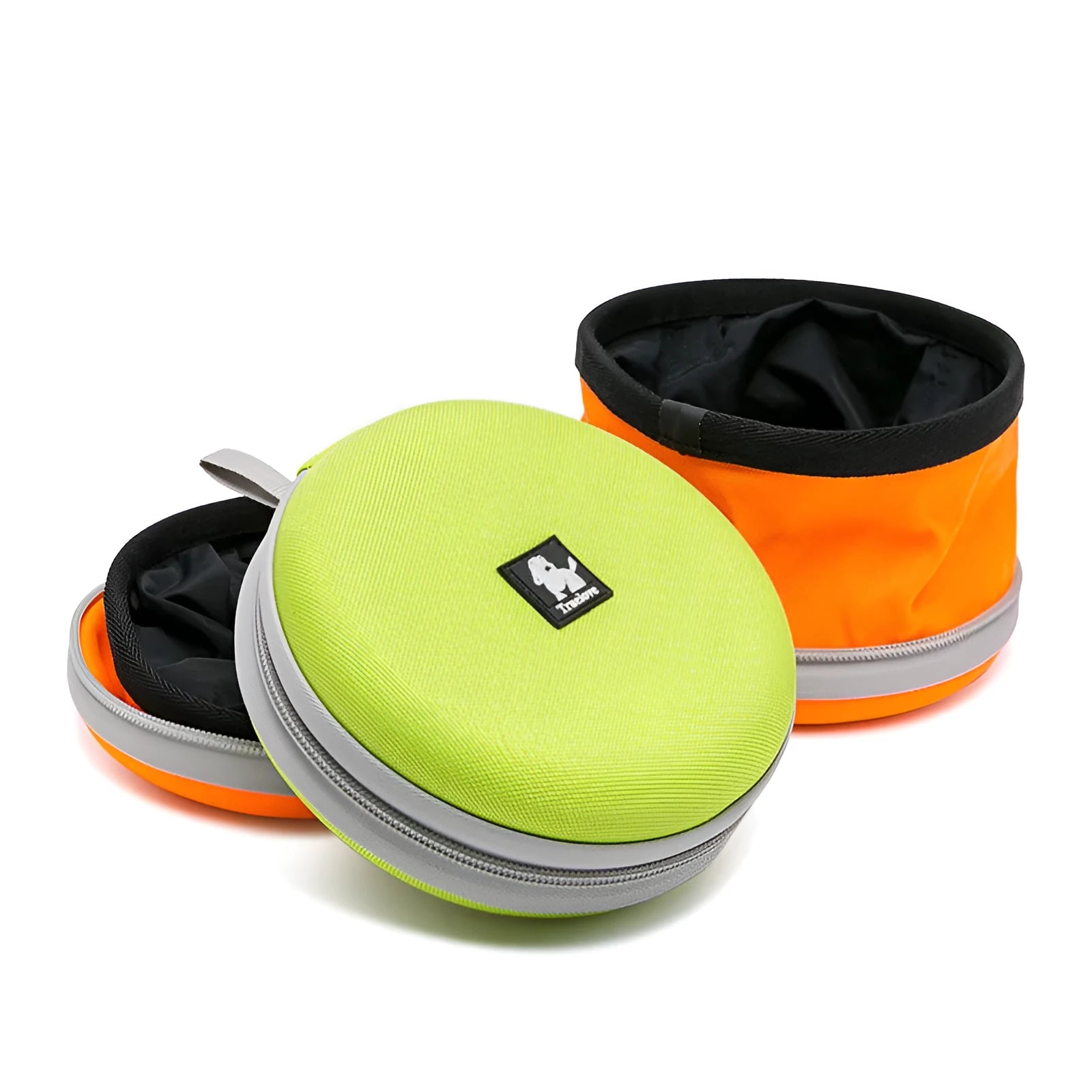 Pet Out kettle dog food bowl set in green showing two 15cm bowls for water and food, with closed Frisbee mode