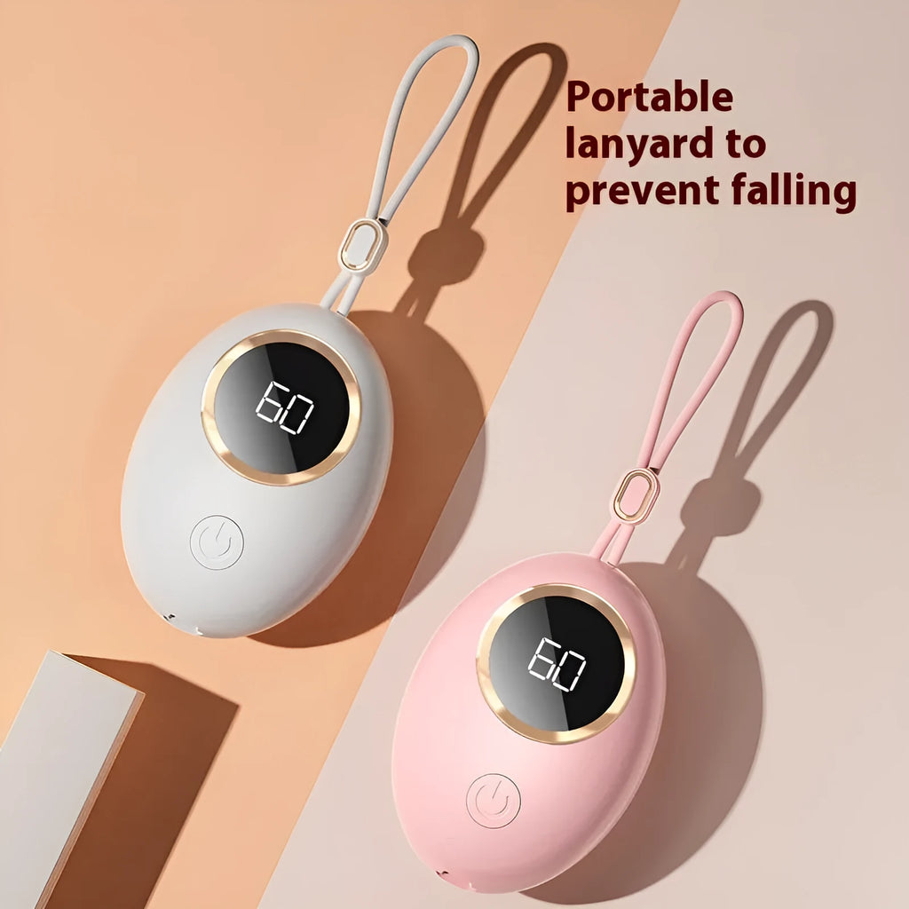 Compact hand warmer power bank with digital display in pink and other colour options.