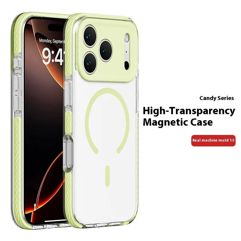 Transparent magnetic iPhone case showing six colour options: blue, green, orange, pink, purple, and gray