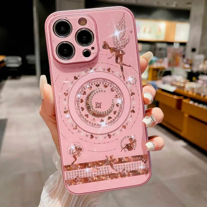 Butterfly fairy diamond magnetic phone case with rhinestone bow, TPU PC shell, pink white or rose gold