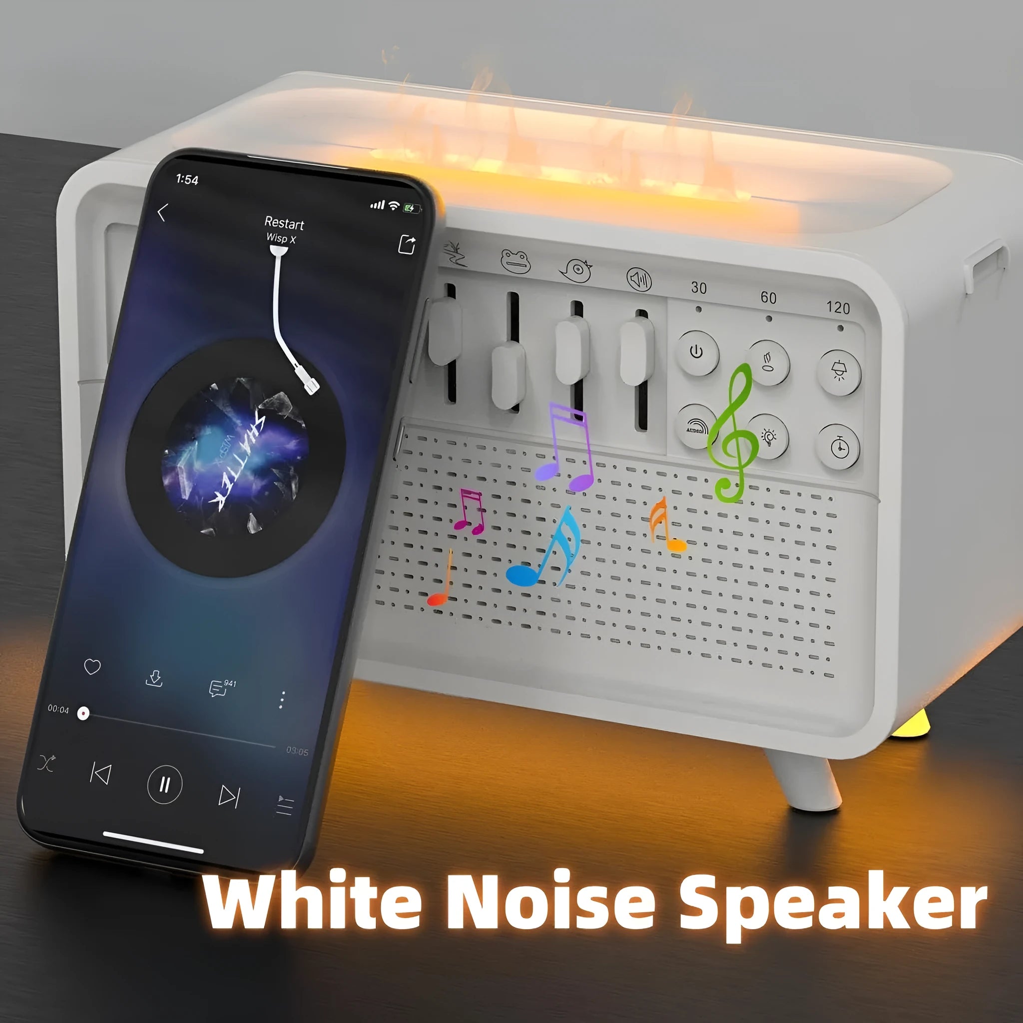 White geometric 3-in-1 Bluetooth speaker, white noise machine, humidifier, and night light unit on a surface
