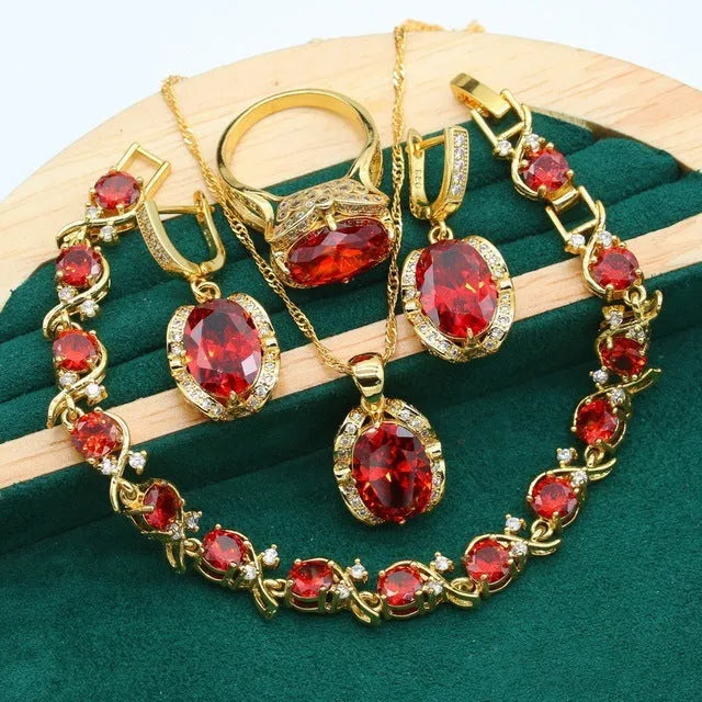 Full rhinestone zircon women's jewellery set with electroplated copper in olive green or red colours