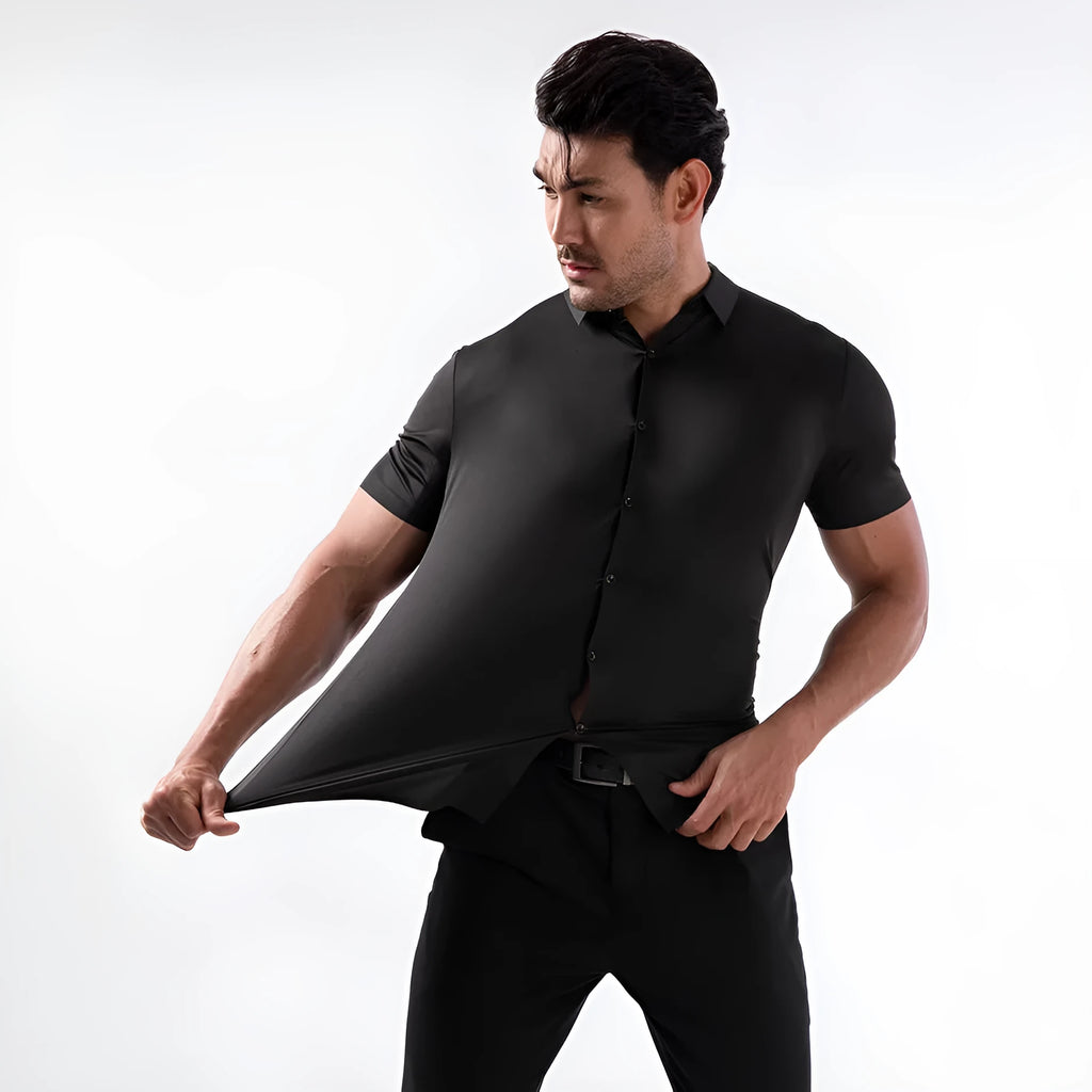 Men's four-side elastic short sleeve shirt in cardigan style with non-ironing anti-wrinkle fabric
