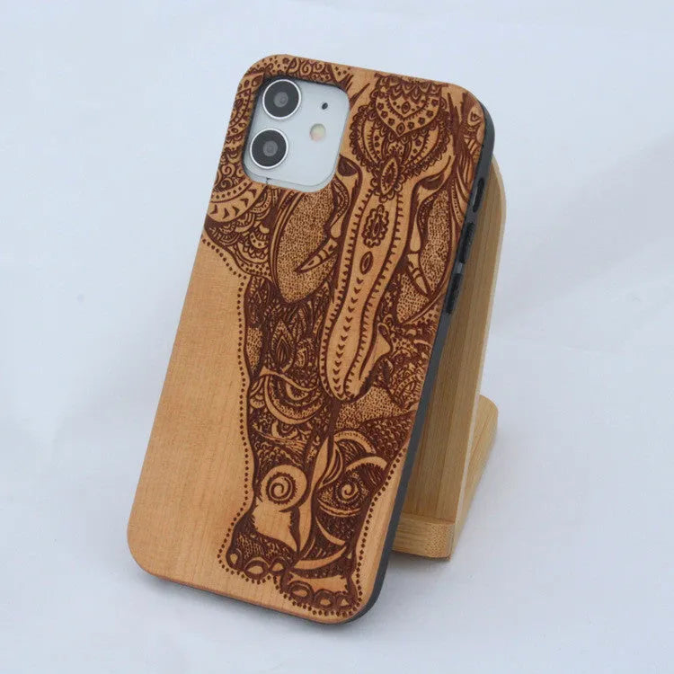 Wooden mobile phone case with TPU bumper and elephant design for Apple iPhone