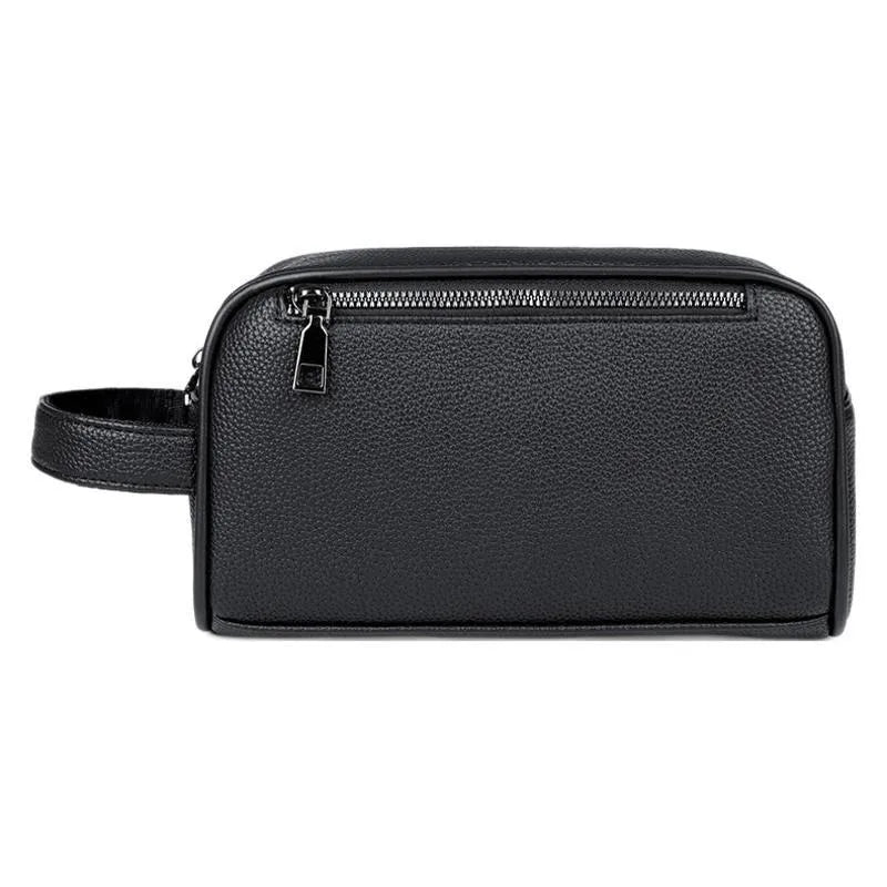Men's business clutch bag in soft PU leather with large capacity, solid colour finish and zip closure, available in black, dark blue and brown