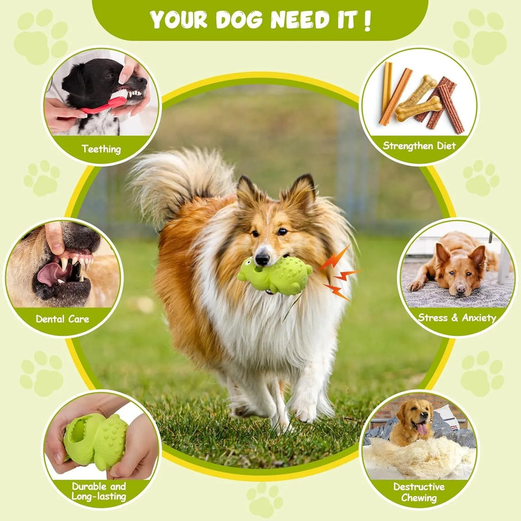 Green and yellow natural rubber squeaky dog toy for aggressive chewing large breed dogs.