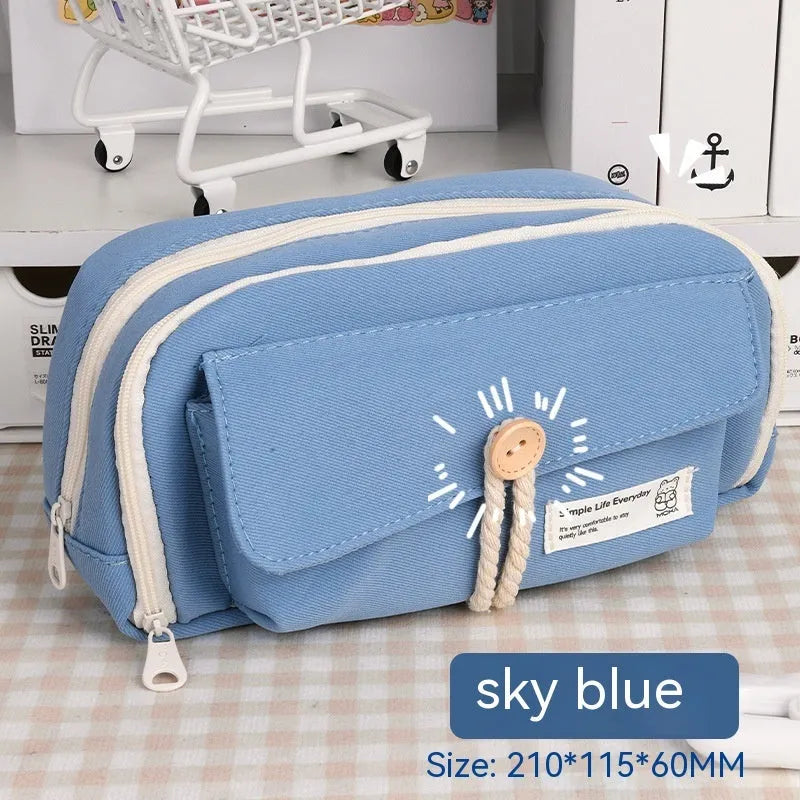 Korean-style large capacity canvas pencil case in green, beige, blue, and grey colour options.