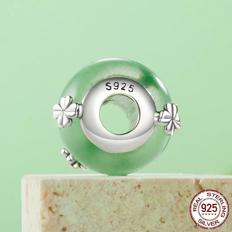 925 silver four-leaf clover glass bead pendant, green oxidised charm, 1.5cm x 0.9cm, 0.45cm hole