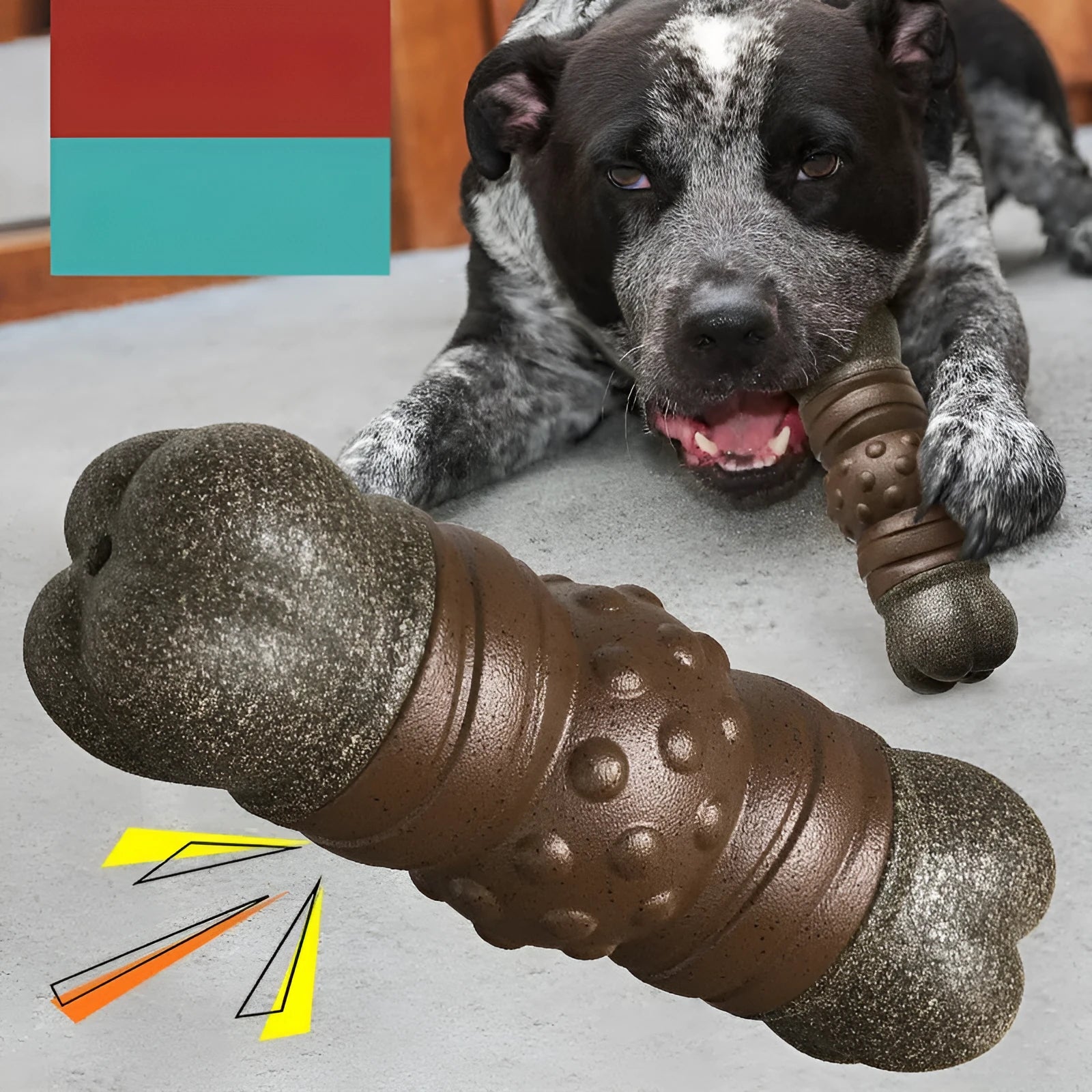 Wood colour plastic dog toothbrush chew toy with bone and molar rod design.