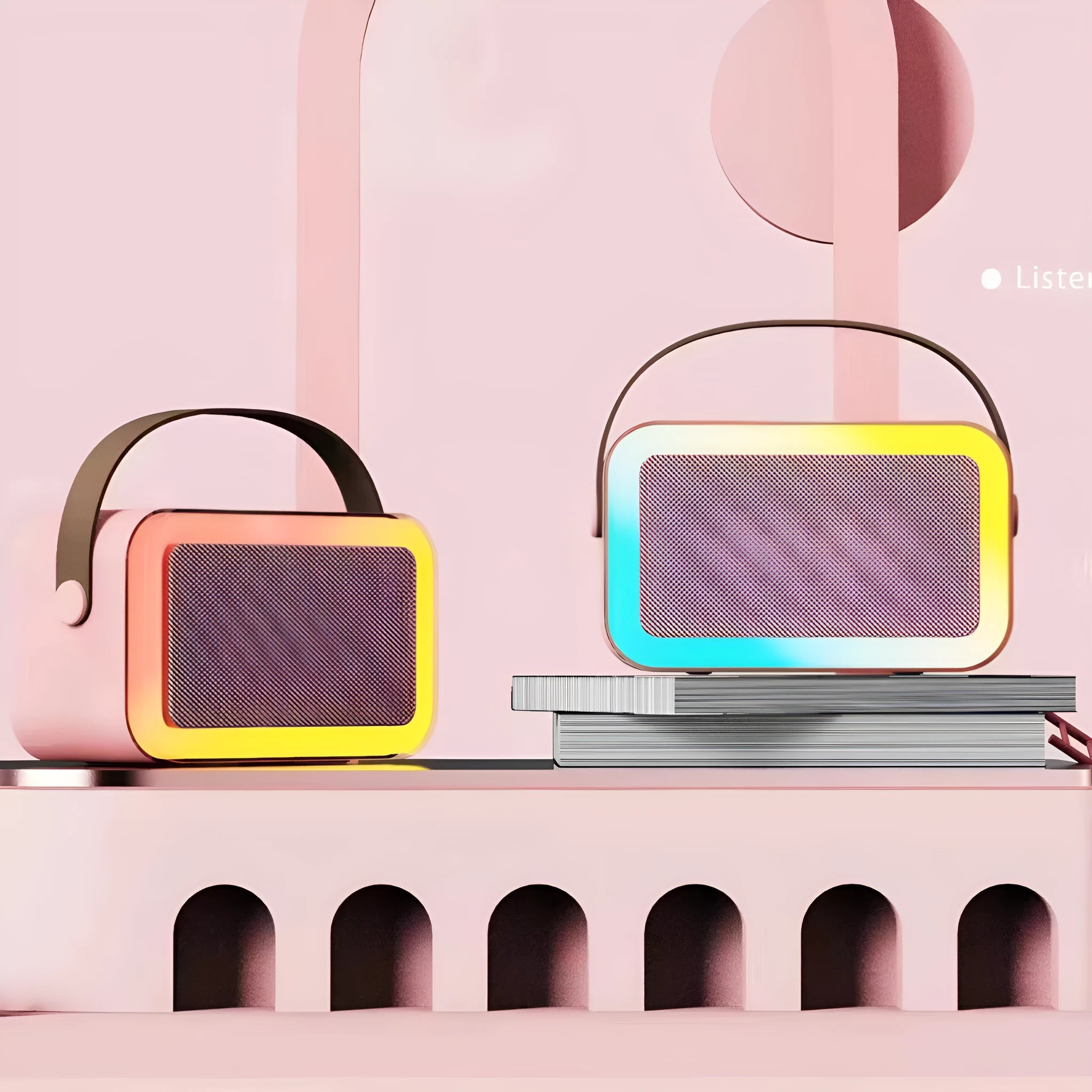 Portable Bluetooth karaoke speaker with microphone and coloured LED lights in pink, sky blue, and white colour options.