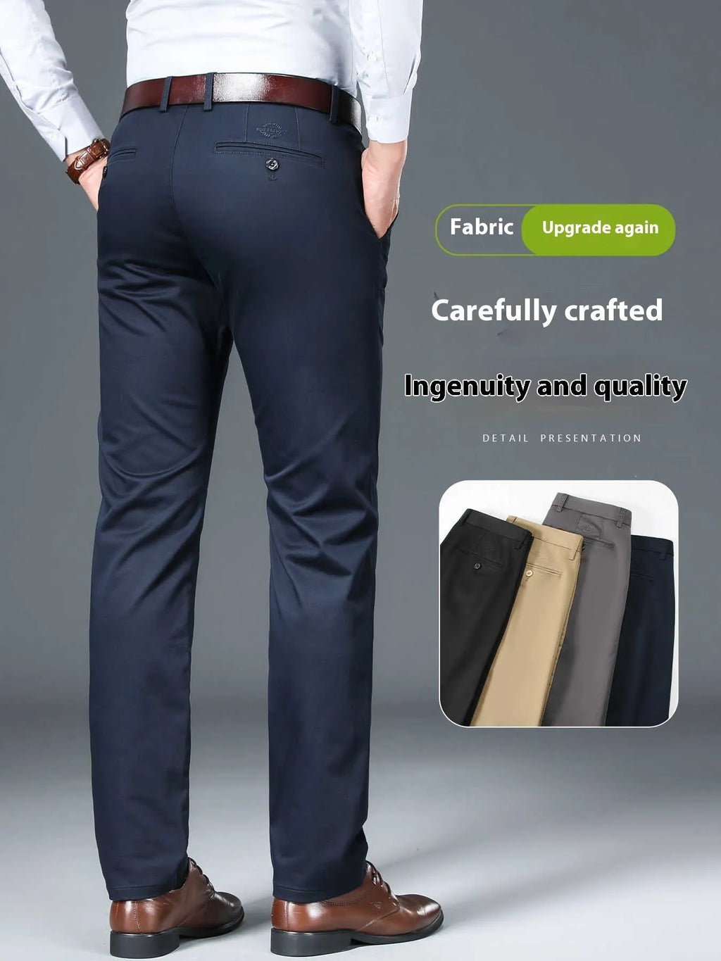Business non-iron stretch men's straight casual trousers in black, gray, khaki, and blue, cotton-polyester blend