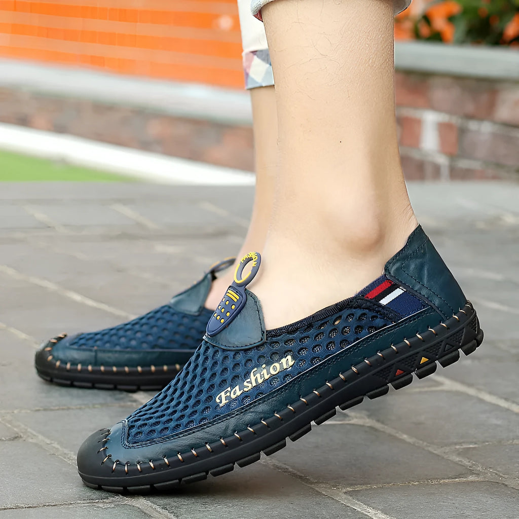 Men's brown breathable mesh casual shoes with a round toe and rubber sole.