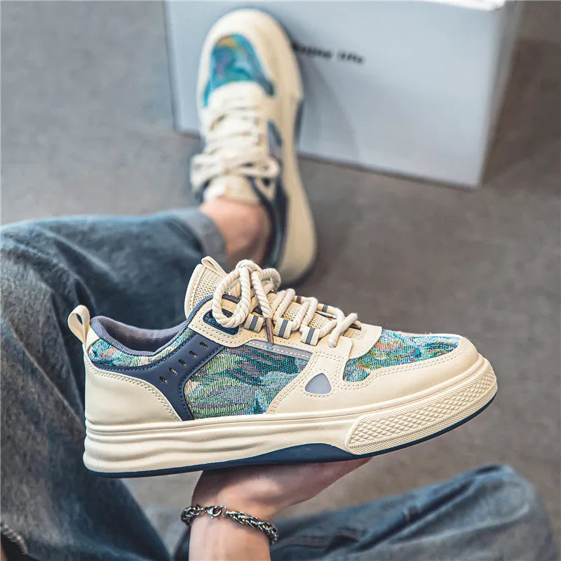 Men's beige and green canvas casual shoes with flat heel and round toe on white background
