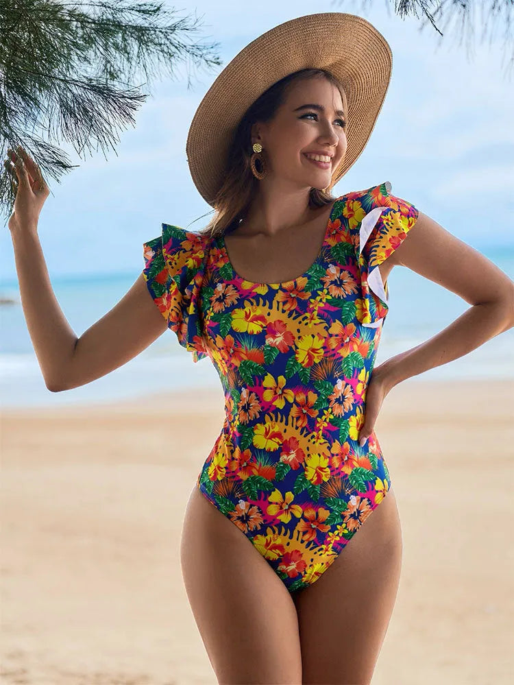 Women's one-piece swimsuit with U-shaped collar and lace trim in polyester fabric.