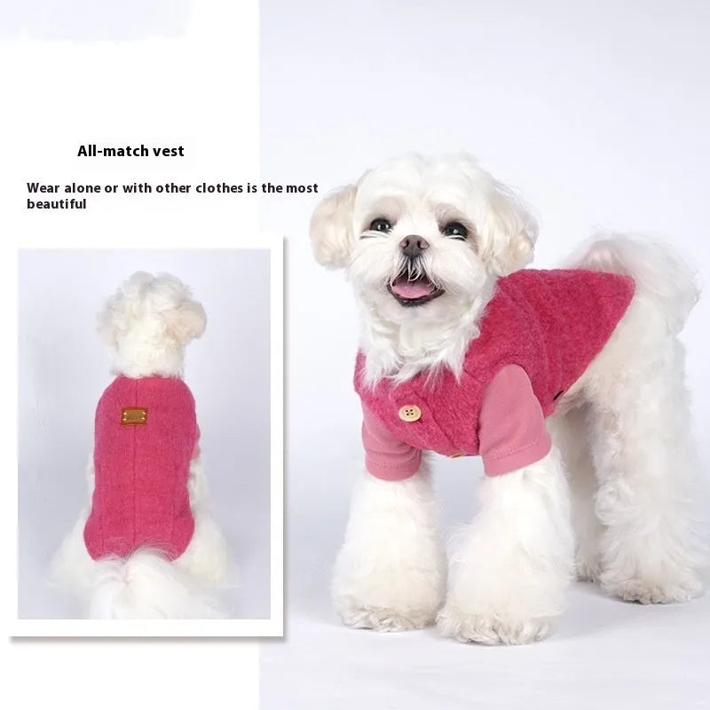 Small dog wearing cotton Korean cashmere vest in blue colour, showing front and side views of the autumn winter coat.