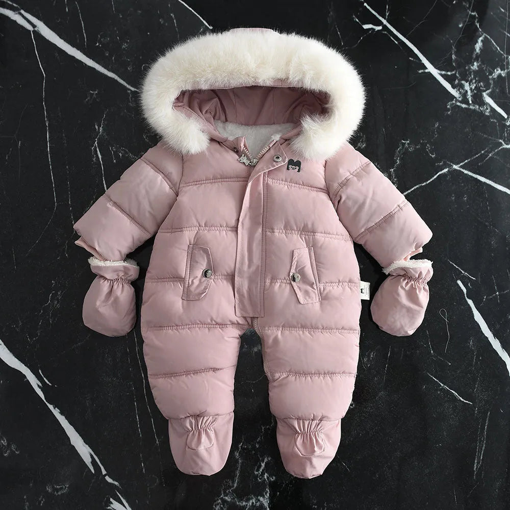 Fleece-lined thick hooded baby jumpsuit in beige with zip front and fur hood