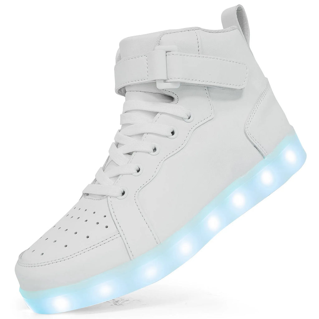 Unisex black high-top LED light-up shoes with velcro straps and glowing soles.