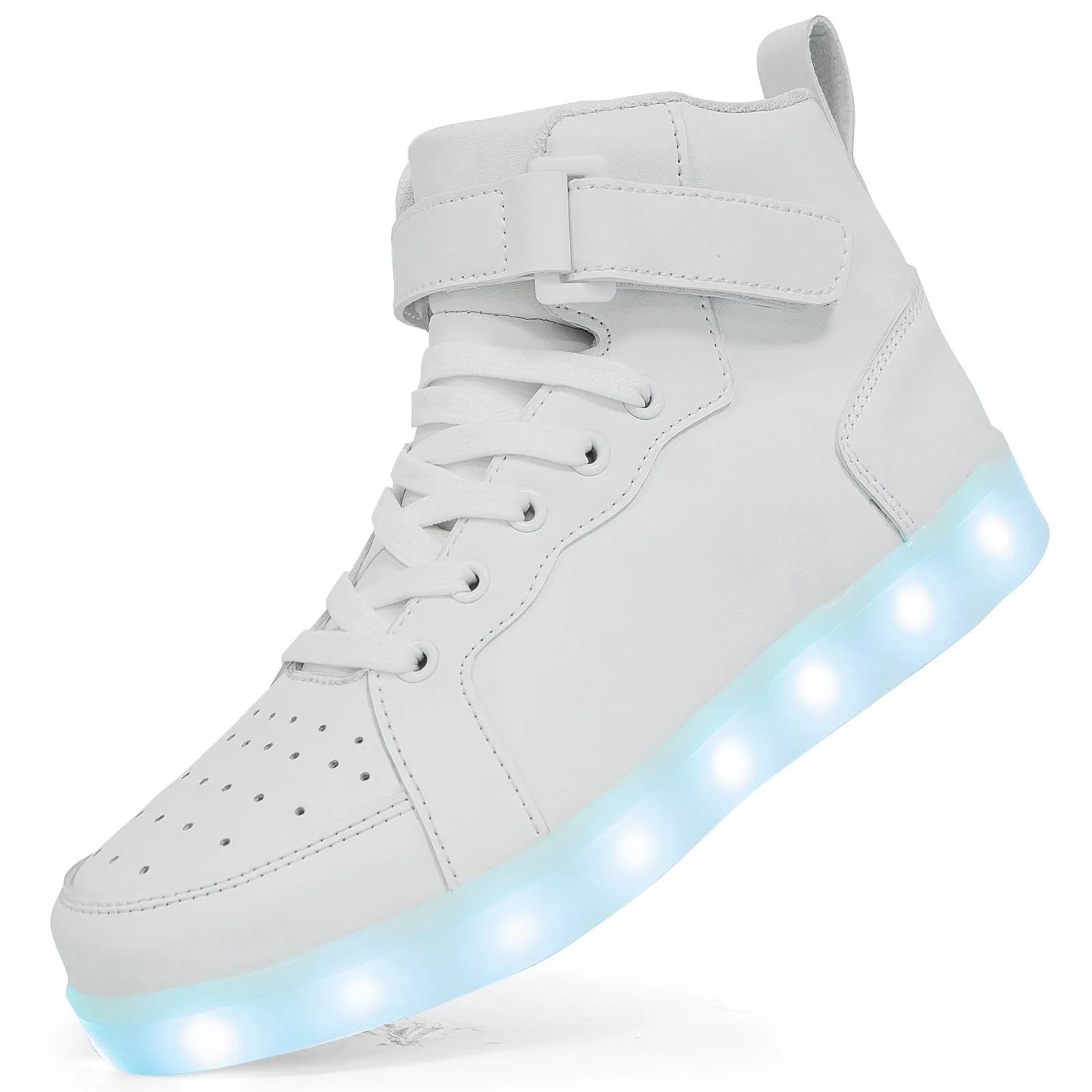 Unisex black high-top LED light-up shoes with velcro straps and glowing soles.