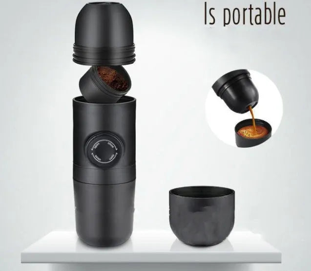 Black portable manual coffee machine with compact 6x17.5cm dimensions